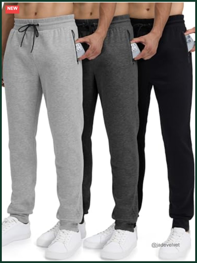 Men's Fleece Joggers Sweatpants 3 Pack With Zipper Pockets Athletic Gym Pants